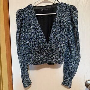Zara Black and Blue Patterned Blouse